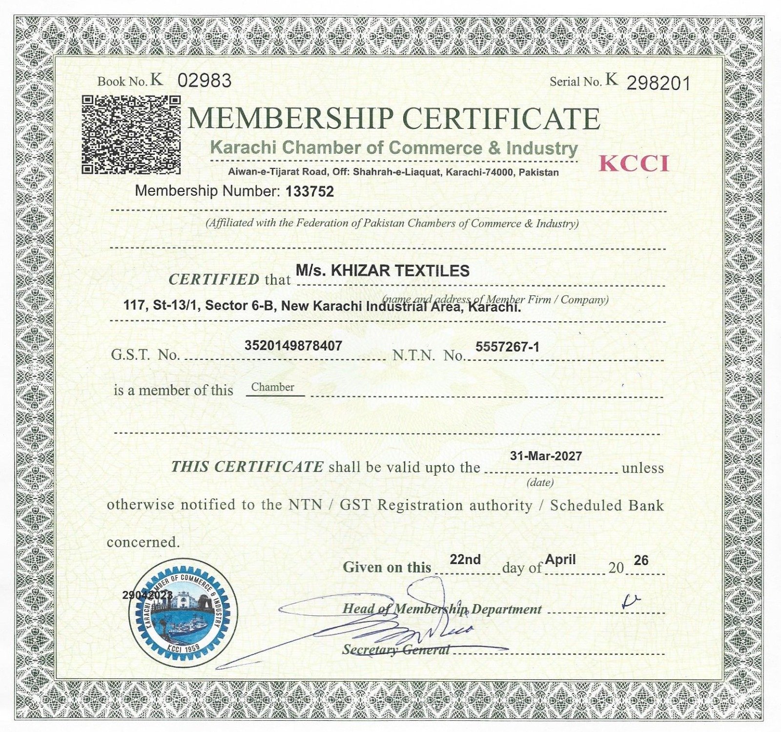 KCCI Membership Certificate